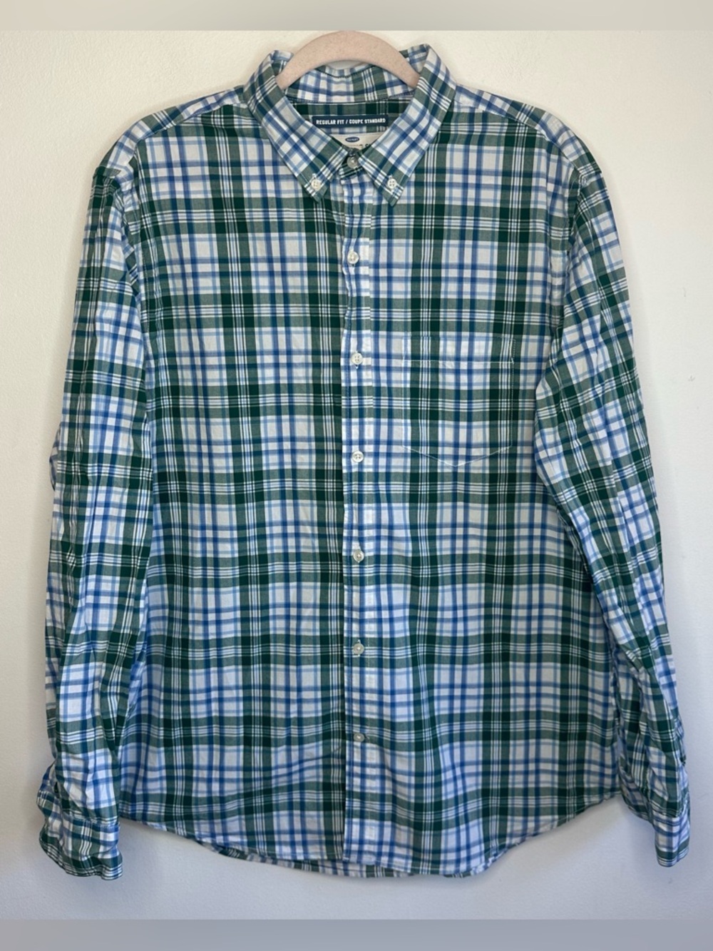 Old Navy Mens The Classic L Large Green White Plaid Long Sleeve Button Shirt